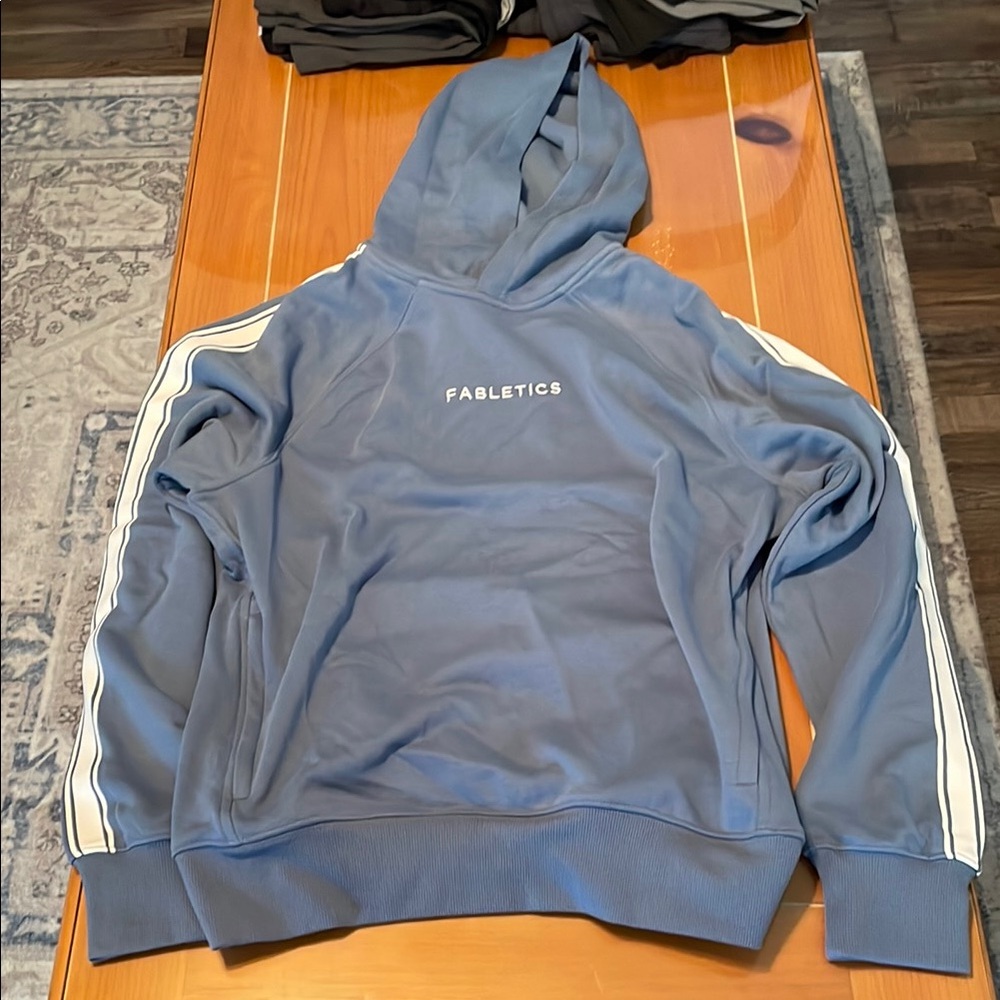Fabletics Sky Blue Hoodie with Cream Stripes